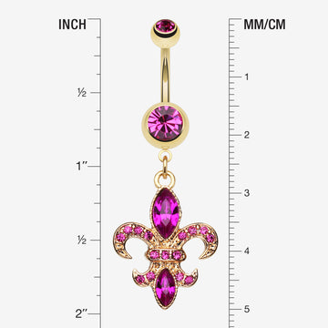 Detail View 1 of Golden Fleur de Lis Belly Ring-Fuchsia